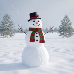 Obraz premium Festive snowman in snowy landscape with Christmas trees.