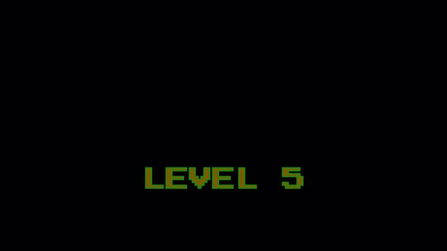 Retro 8-Bit Arcade Game Start Screen with Level 5 Text and Player Selection Menu on Black Background 4k video animation seamless loop