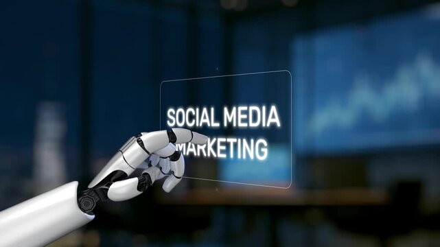 A robotic hand interacts with a dynamic social media marketing interface, showcasing icons and analytics in a sleek modern office. Ideal for tech and marketing visuals. Synapse