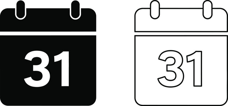 Calendar icons with date 31 isolated on transparent background, Vector