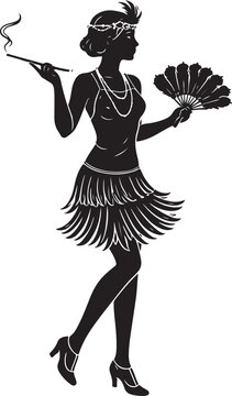 Elegant 1920s Flapper Girl Silhouette Vector with Cigarette Holder and Fan for Retro Design