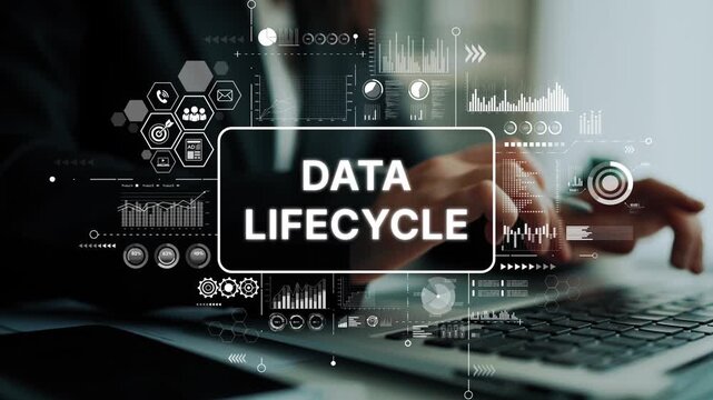 Conceptual Representation of Data Lifecycle Management with Digital Elements and Hands on Laptop in Modern Office Setting. Asymptotic smart data analytic.