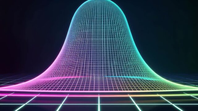 虹色に発光するベル曲線、正規分布を示すネオングリッド