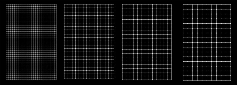 Set of rounded corner grids on black blueprint background four levels of detail. Smooth joint square lattice planning pages, design boards creative notebooks. Gentle geometric school materials layouts