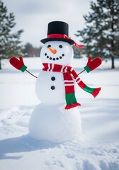 Obraz premium Festive Snowman with Hat and Scarf in Winter Landscape.