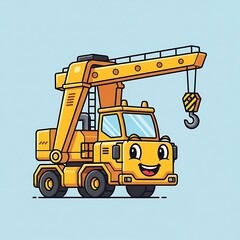 Fototapeta premium Cartoon crane truck with smiling face.