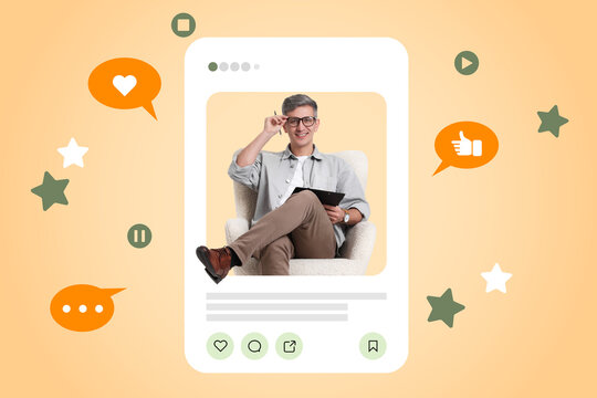 Blogger with clipboard in armchair on dark beige background. Man in social media post frame