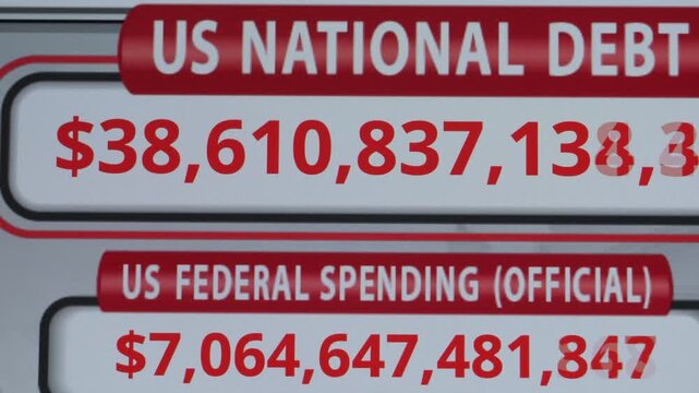 Running Total Display Showing Current United States Gross National Debt. USA National Debt Counter, Increasing Number of Unprecedented State Debt of United States of America, Close-up Footage.