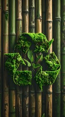 Obraz premium Green Recycle Symbol on Bamboo - Eco-Friendly Sustainability Concept.