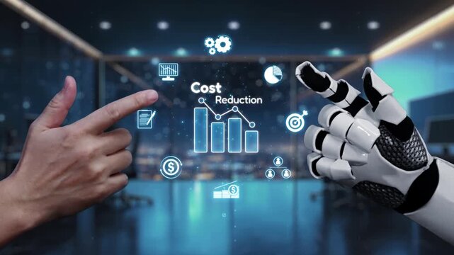 A human hand and a robotic hand point at a high-tech display showcasing cost reduction graphs, symbolizing collaboration between technology and business strategies. Auvana