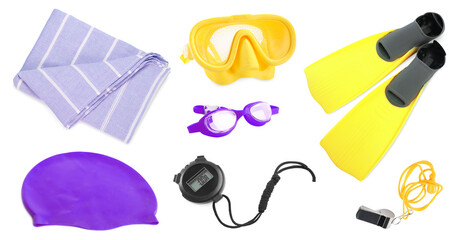 Set of objects for swimming lesson isolated on white © New Africa