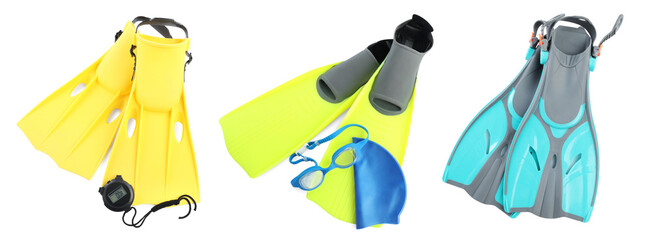 Colorful flippers, swim cap, goggles and stopwatch isolated on white, collage. Swimming accessories © New Africa