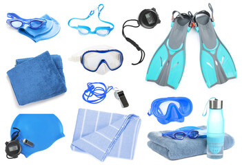 Set of objects for swimming lesson isolated on white © New Africa