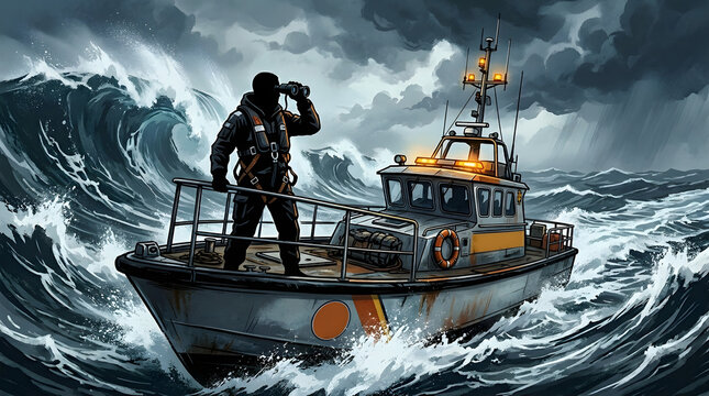 Man Standing on Boat in Stormy Sea.