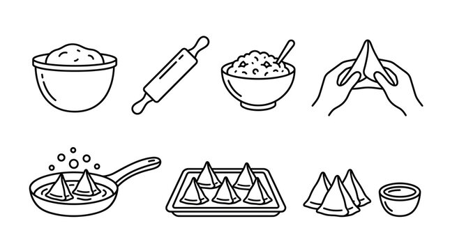 Step by step samosa cooking process vector line art set showing dough, rolling pin, filling, hands folding, deep frying in pan, and serving traditional Indian street food snacks.