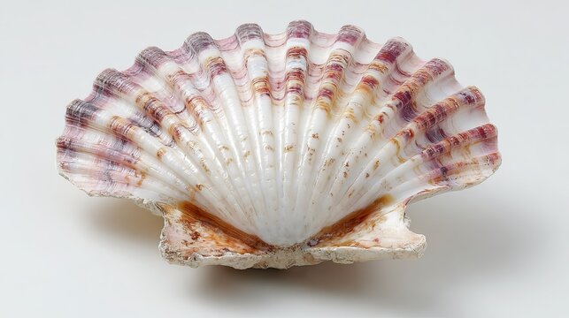 Scallop shell lies on white. This edible clam is fan-shaped and empty.