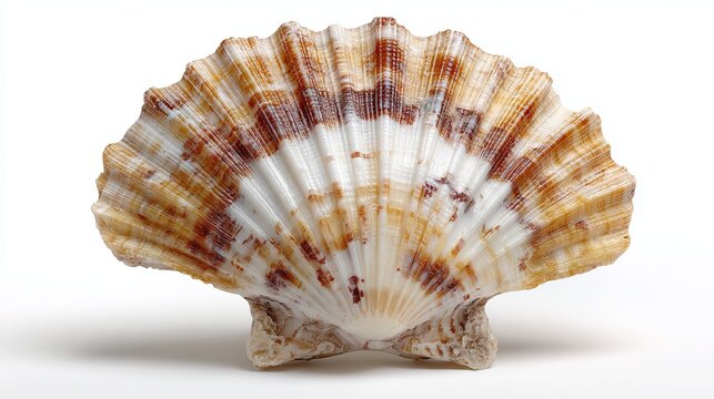 Scallop shell lies on white. This edible clam is fan-shaped and empty.