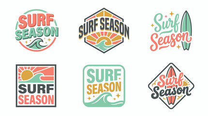 Obraz premium Set of vintage surf season badge logos featuring ocean waves and surfboards with retro typography on white background, concept for apparel design, beach branding and summer advertising