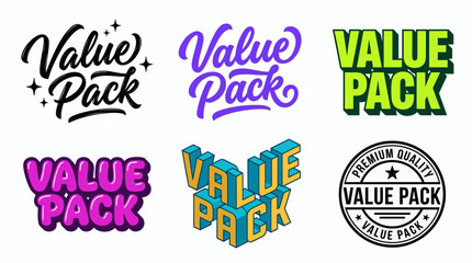 Fototapeta premium Collection of value pack typography designs featuring script lettering, bold 3D effects and circular stamp icons on white background, concept for retail promotion, marketing and e-commerce
