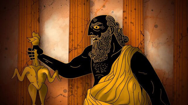 ancient philosopher holding plucked chicken in greek vase style