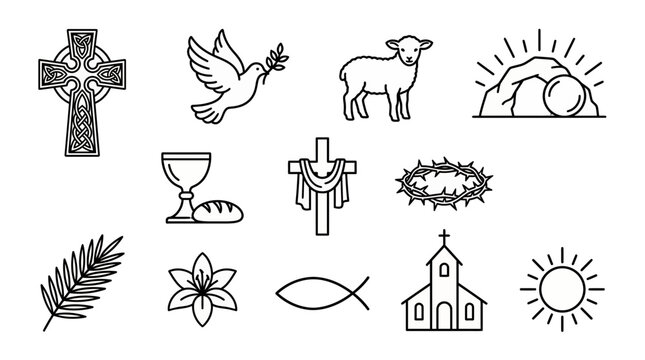 Christian religious line art icons set featuring celtic cross dove lamb tomb and church on white background, concept for easter celebration graphic design, church branding and education
