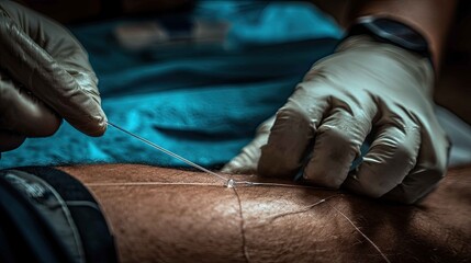 Fototapeta premium Skilled Hands Performing Precision Procedure on Patient's Leg