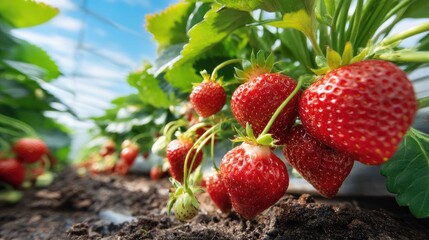Fresh Organic Strawberries Growing on Farm in Greenhouse Environment