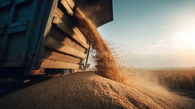 Grain being unloaded from truck at sunset over agricultural field