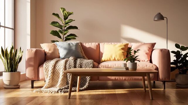 Cozy Living Room Interior with Sofa and Plants.