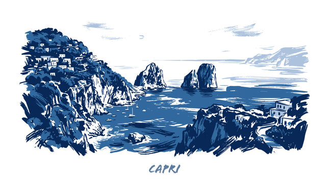 A beautiful blue ink sketch of the iconic Faraglioni rock formations off the coast of Capri, Italy, with charming coastal villages nestled into the cliffs.