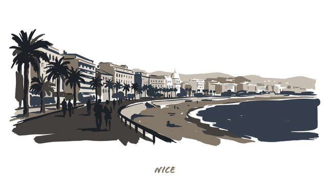 A scenic watercolor sketch of the Promenade des Anglais in Nice, France, with palm trees and buildings lining the coast.