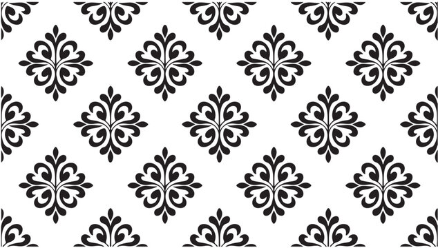 Black and white seamless pattern with damask motifs, floral design for fabric and wallpaper print