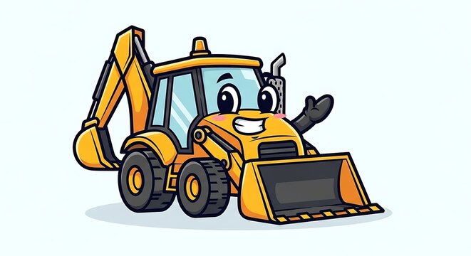 Cartoon backhoe loader with smiling face.