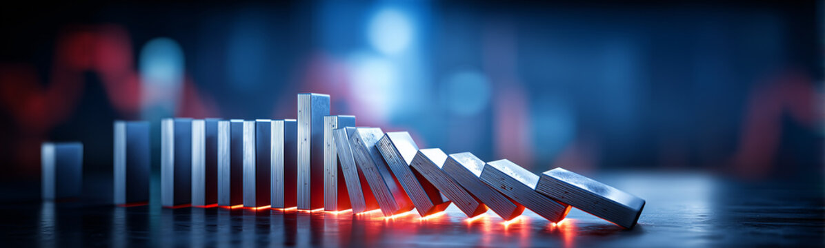 Domino Effect: A conceptual representation of the domino effect with neatly arranged tiles, symbolizing cascading consequences in a dynamic interplay of cause and effect.
