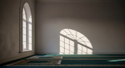 Fototapeta premium Minimal Islamic interior with ornate geometric window shadows cast by warm sunlight on a white wall..