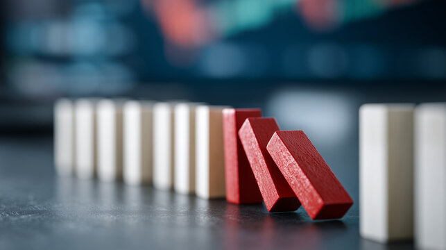 Domino Effect of Business Downfall: A line of wooden dominoes, some red and others white, cascade in a visual metaphor of decline, symbolizing the consequences of financial downturn.