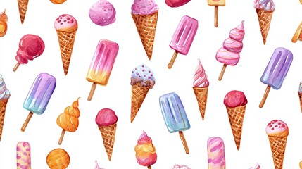 Colorful ice cream cones and popsicles make a seamless pattern on white. This design is perfect for summer treats and prints.