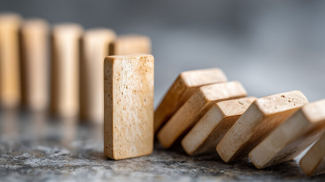 Domino Effect in Motion: A sequence of dominoes stand on the brink of toppling, each one intricately arranged to create a mesmerizing display of cause and effect.