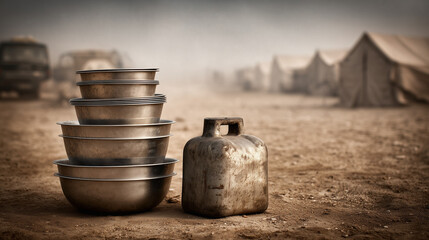 Naklejka premium Camp Scene: A stack of metallic bowls and a weathered water jug stand in the foreground against a blurred backdrop of tents, evoking a sense of communal living.