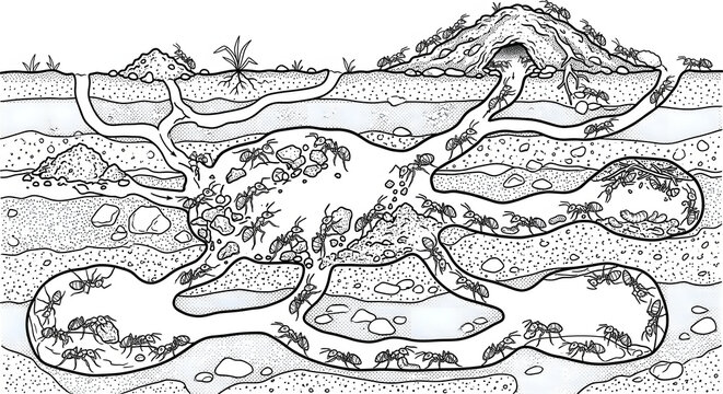 Ant colony working in underground tunnels vector illustration in black and white line art