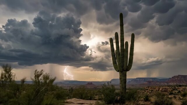 Solitary saguaro giant cactus plant stands in arid desert foreground as windblown shrubs sway; dramatic mammatus storm clouds gather over distant red mesas while golden sun breaks through