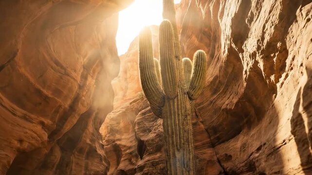 Sunlight pierces a narrow red sandstone canyon, illuminating a tall multiarmed giant cactus plant rooted on rocky floor; layered walls curve with warm striations and shadowed alcoves red