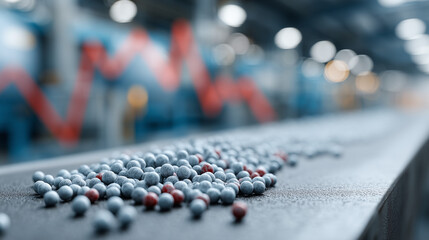 Manufacturing Marvel: A close-up shot captures the meticulous process of production, showcasing a cascade of spherical objects rolling along an industrial conveyor belt.