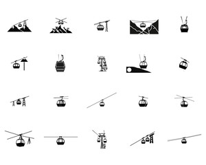 Collection of black silhouette depicting cable cars and ski lifts in various mountain settings gondola © Elite Graphics Takal