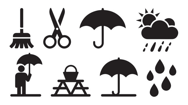 Weather icons collection set silhouette showing rain sun and man with umbrella