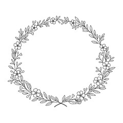 Okrągły wianek kwiatowy — ręcznie rysowana ilustracja wektorowa w stylu line art. Elegancka ramka z kwiatów, gałązek i liści z detalem w postaci małych serduszek. Czarny kontur na białym tle © Monika