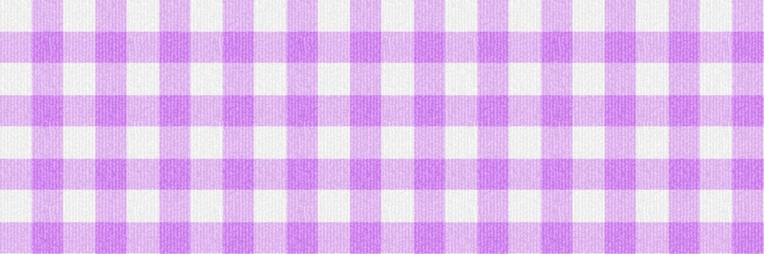 Seamless purple gingham pattern on white fabric texture. Classic lavender checkered plaid background for picnic, tablecloth, or textile design. Aesthetic soft violet weave.