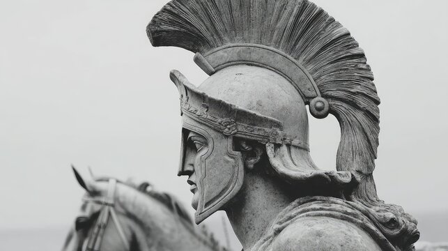 Monochrome Marble Warrior Statue Wearing Crested Helmet Beside Horse