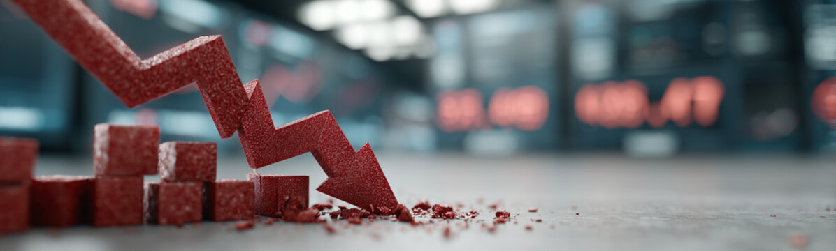 Market Downturn: Dramatic visual of a downward-trending arrow with charts, symbolizing financial struggle and economic recession, conveys a sense of instability and downturn