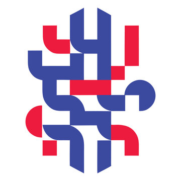 Abstract geometric vector composition with interlocking blue and red shapes.